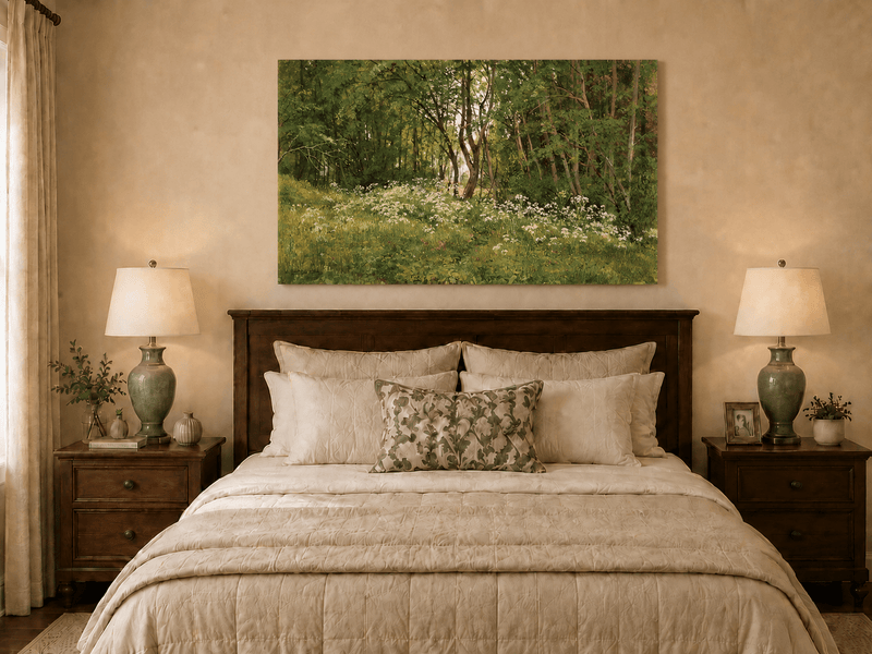 Unframed hand-painted forest glade oil painting with wildflowers and tall trees displayed above a wooden bed in a neutral bedroom.