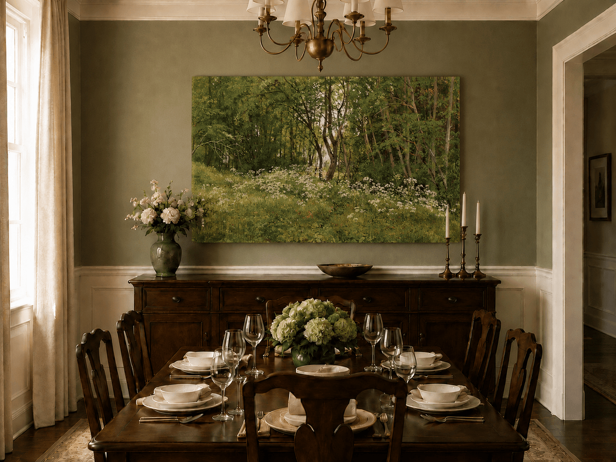 Unframed hand-painted forest glade oil painting with wildflowers and tall trees displayed above a formal dining table.