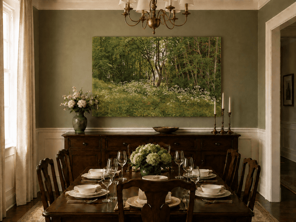 Unframed hand-painted forest glade oil painting with wildflowers and tall trees displayed above a formal dining table.