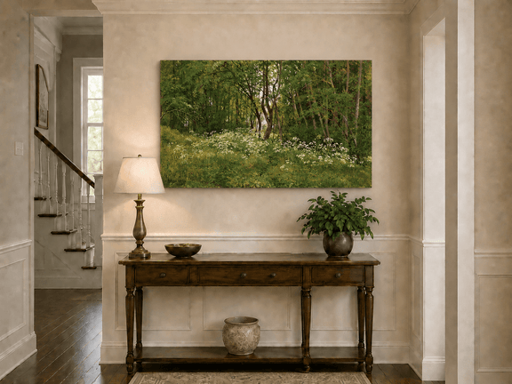Unframed hand-painted forest glade oil painting with wildflowers and tall trees displayed above an entryway console table.