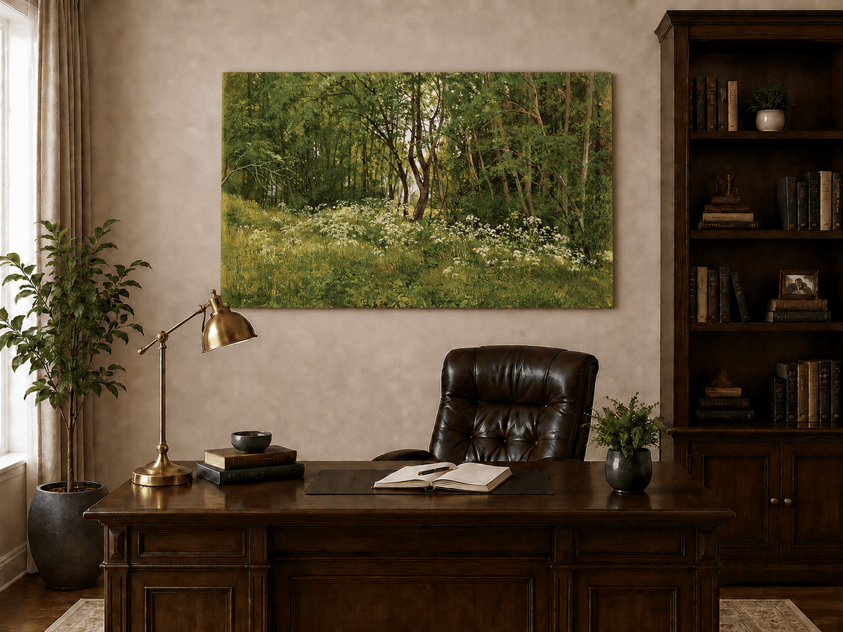 Unframed hand-painted forest glade oil painting with wildflowers and tall trees displayed above a traditional home office desk.