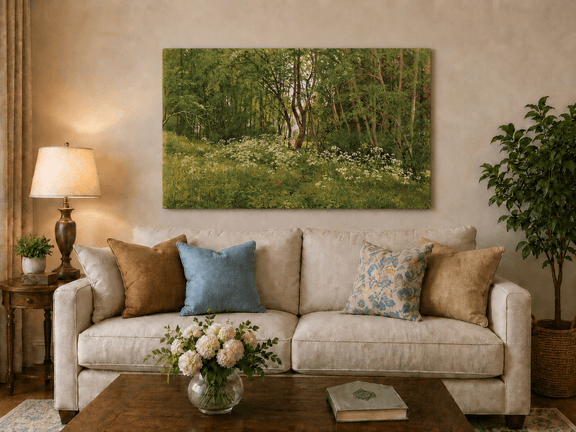 Unframed hand-painted forest glade oil painting with wildflowers and tall trees displayed above a neutral living room sofa.
