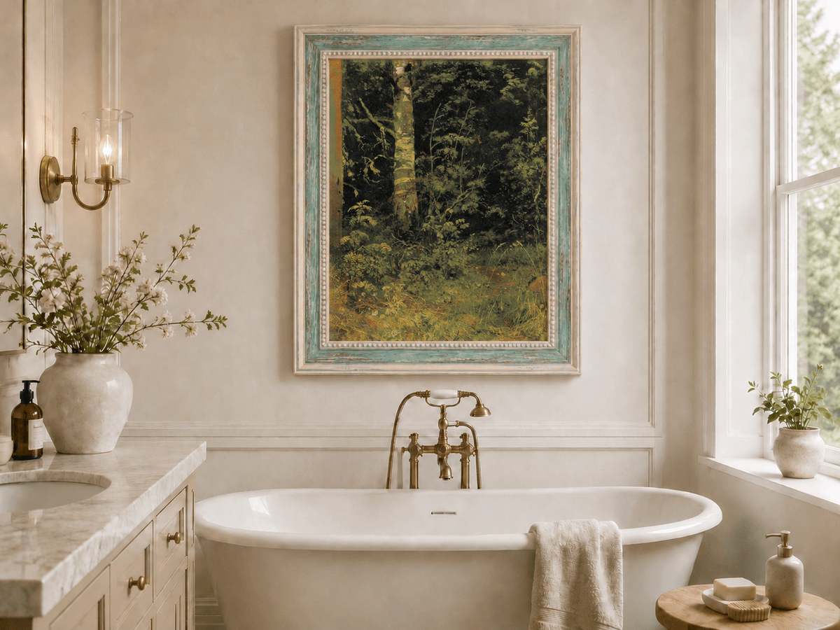 Framed hand-painted forest interior oil painting with dense green foliage and wild groundcover displayed above a freestanding bathtub.