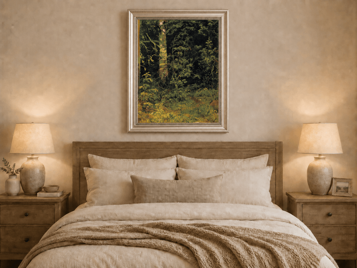 Framed hand-painted forest interior oil painting with dense green foliage and wild groundcover displayed above a wooden bed in a neutral bedroom.
