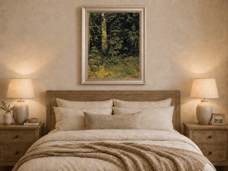 Framed hand-painted forest interior oil painting with dense green foliage and wild groundcover displayed above a wooden bed in a neutral bedroom.