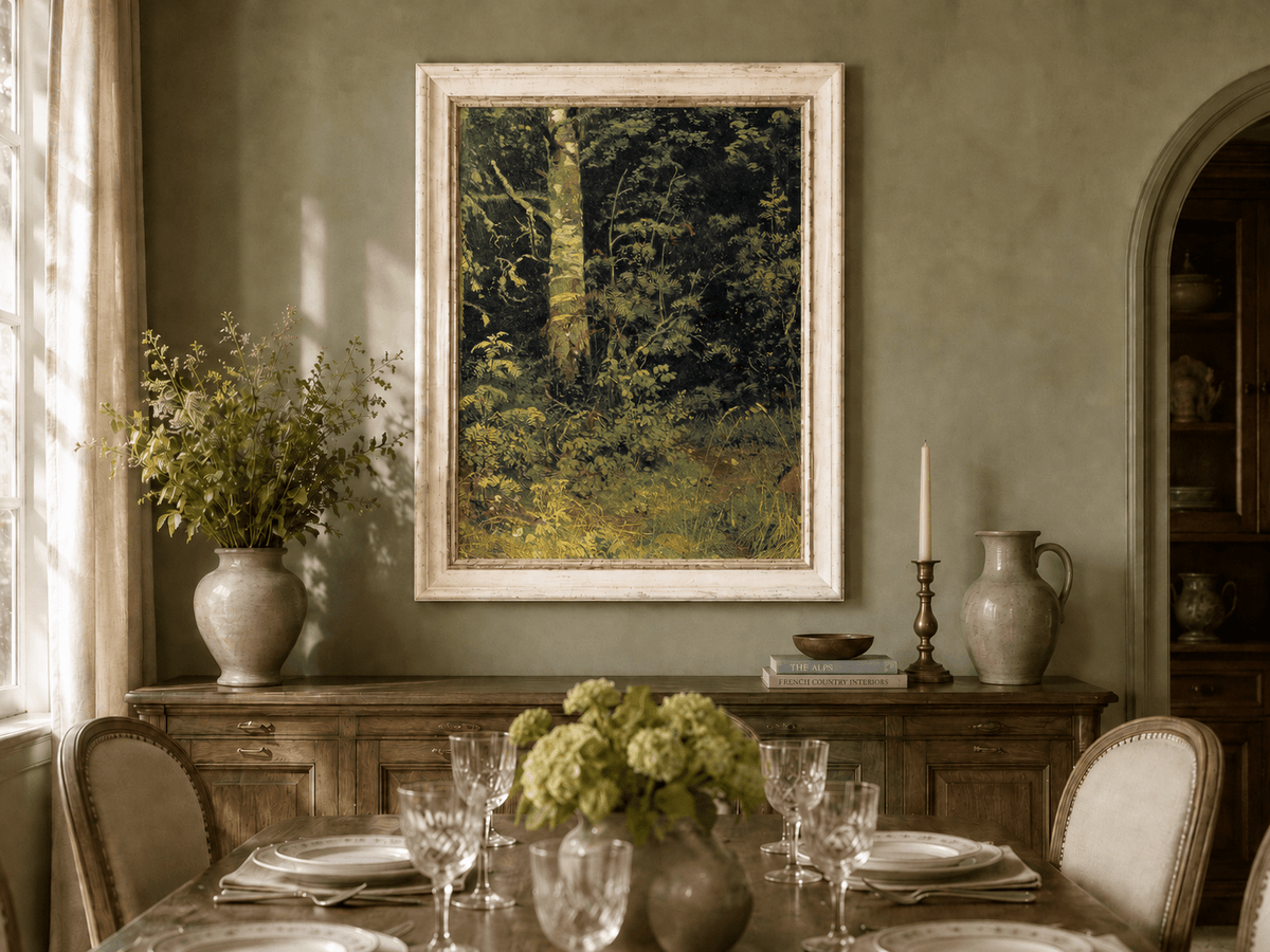 Framed hand-painted forest interior oil painting with dense green foliage and wild groundcover displayed above a formal dining table.