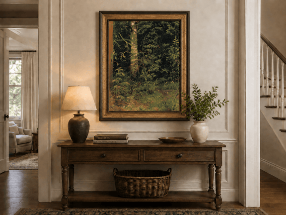 Framed hand-painted forest interior oil painting with dense green foliage and wild groundcover displayed above an entryway console table.