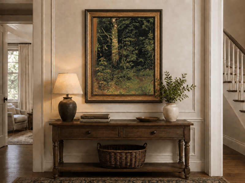Framed hand-painted forest interior oil painting with dense green foliage and wild groundcover displayed above an entryway console table.