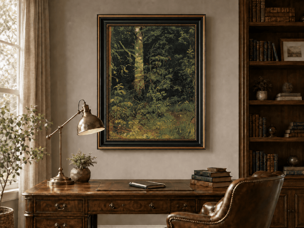 Framed hand-painted forest interior oil painting with dense green foliage and wild groundcover displayed above a traditional home office desk.