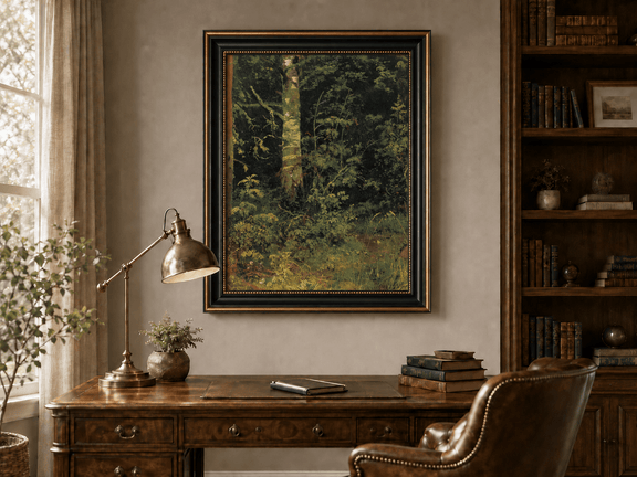 Framed hand-painted forest interior oil painting with dense green foliage and wild groundcover displayed above a traditional home office desk.