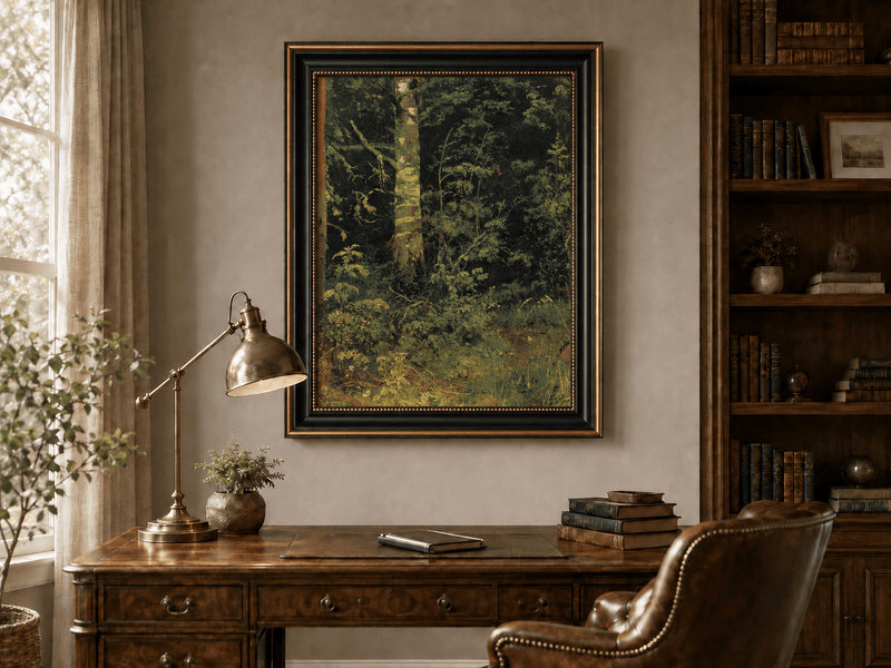 Framed hand-painted forest interior oil painting with dense green foliage and wild groundcover displayed above a traditional home office desk.