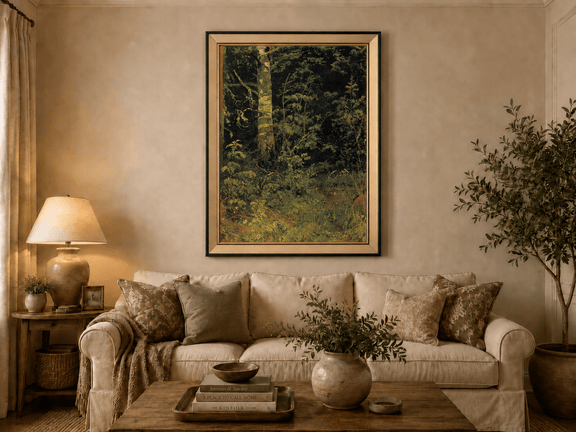 Framed hand-painted forest interior oil painting with dense green foliage and wild groundcover displayed above a neutral living room sofa.