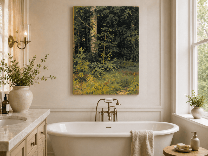 Unframed hand-painted forest interior oil painting with dense green foliage and wild groundcover displayed above a freestanding bathtub.