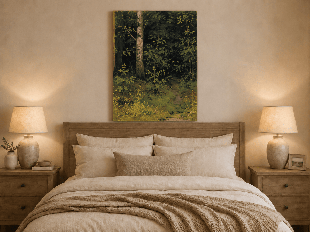 Unframed hand-painted forest interior oil painting with dense green foliage and wild groundcover displayed above a wooden bed in a neutral bedroom.