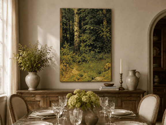 Unframed hand-painted forest interior oil painting with dense green foliage and wild groundcover displayed above a formal dining table.
