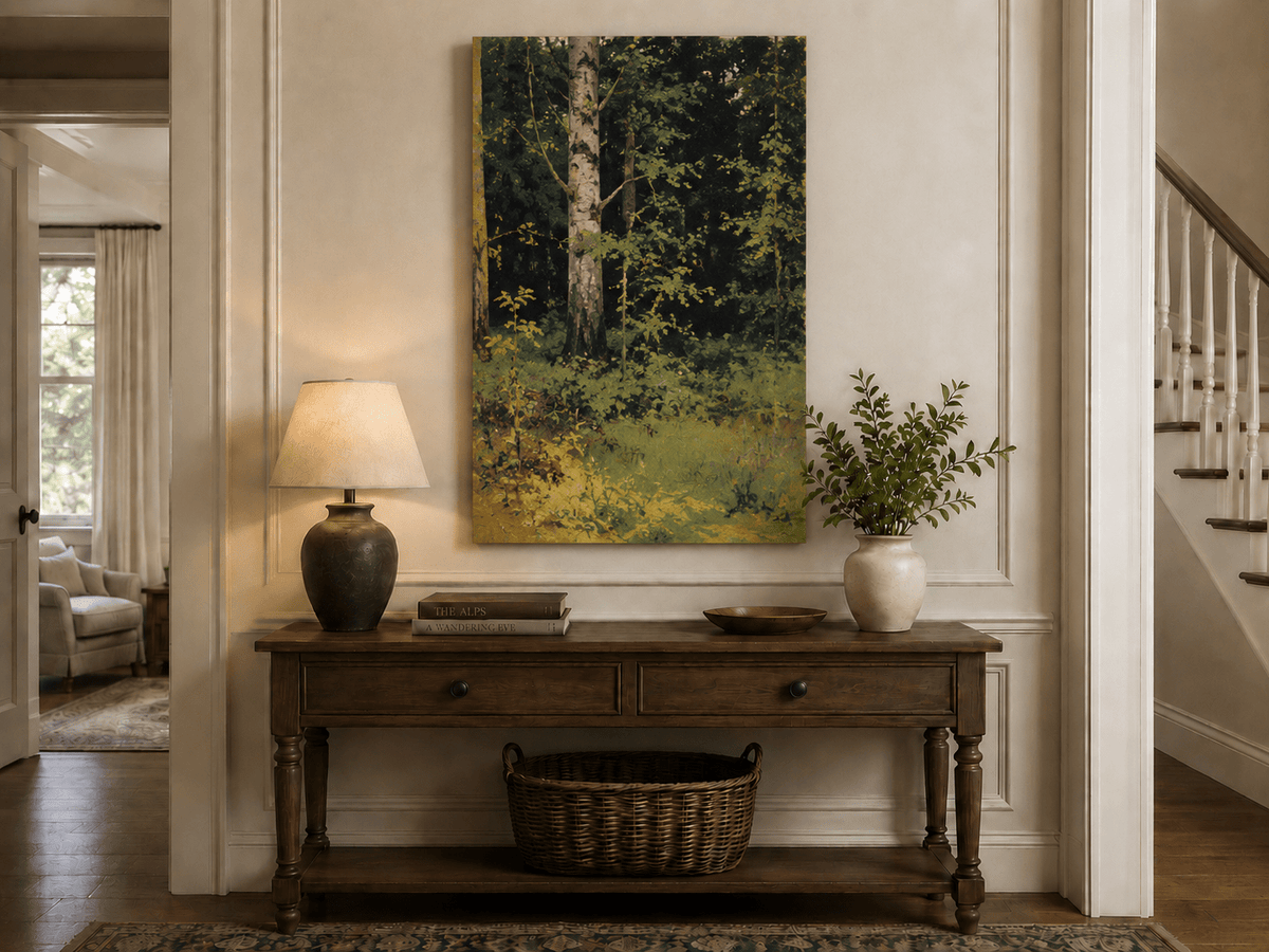 Unframed hand-painted forest interior oil painting with dense green foliage and wild groundcover displayed above an entryway console table.
