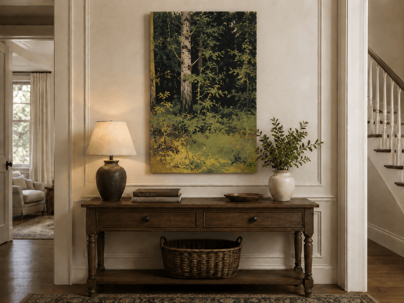 Unframed hand-painted forest interior oil painting with dense green foliage and wild groundcover displayed above an entryway console table.