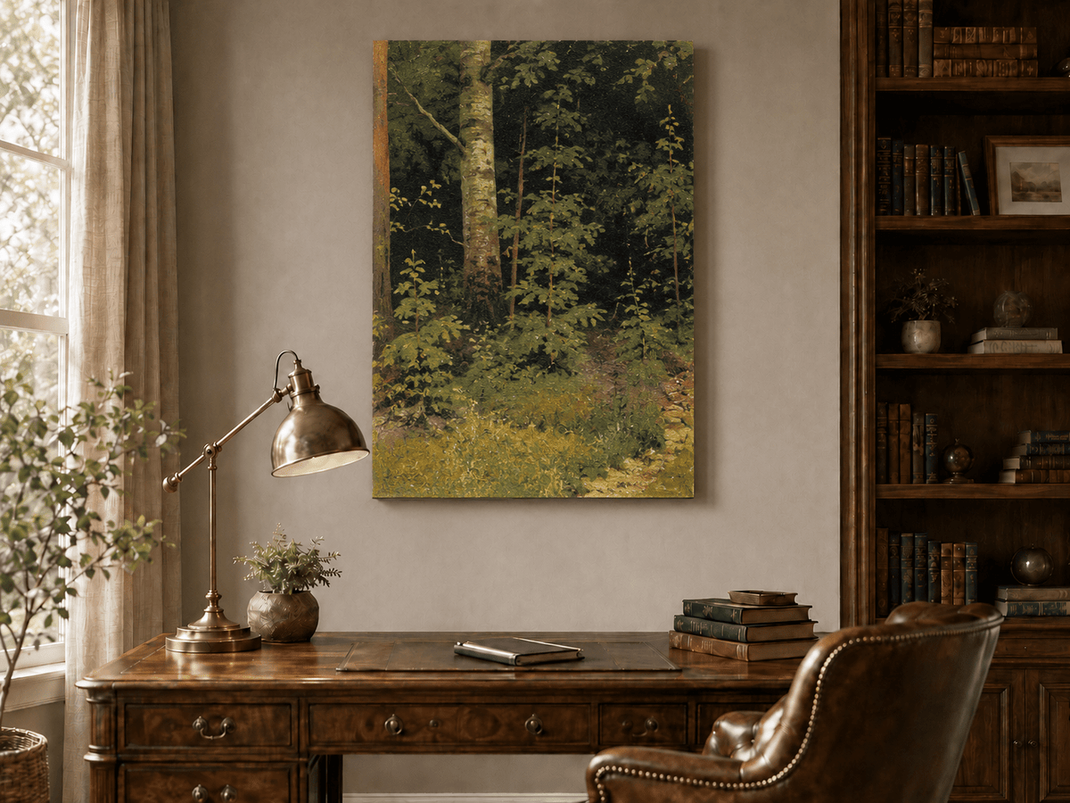 Unframed hand-painted forest interior oil painting with dense green foliage and wild groundcover displayed above a traditional home office desk.