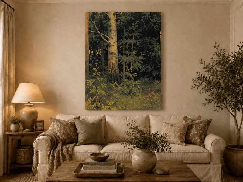 Unframed hand-painted forest interior oil painting with dense green foliage and wild groundcover displayed above a neutral living room sofa.