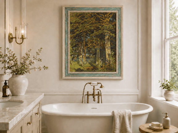 Framed hand-painted forest interior oil painting with sunlit autumn trees and foliage displayed above a freestanding bathtub.