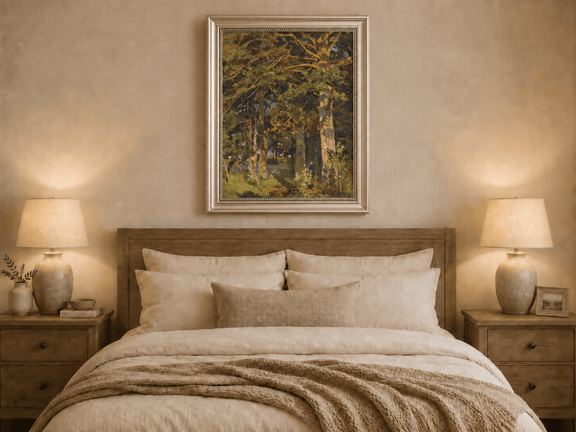Framed hand-painted forest interior oil painting with sunlit autumn trees and foliage displayed above a wooden bed in a neutral bedroom.