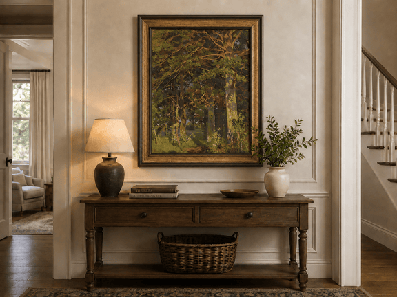Framed hand-painted forest interior oil painting with sunlit autumn trees and foliage displayed above an entryway console table.