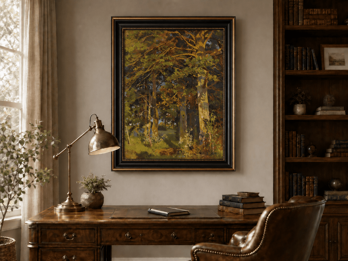 Framed hand-painted forest interior oil painting with sunlit autumn trees and foliage displayed above a traditional home office desk.
