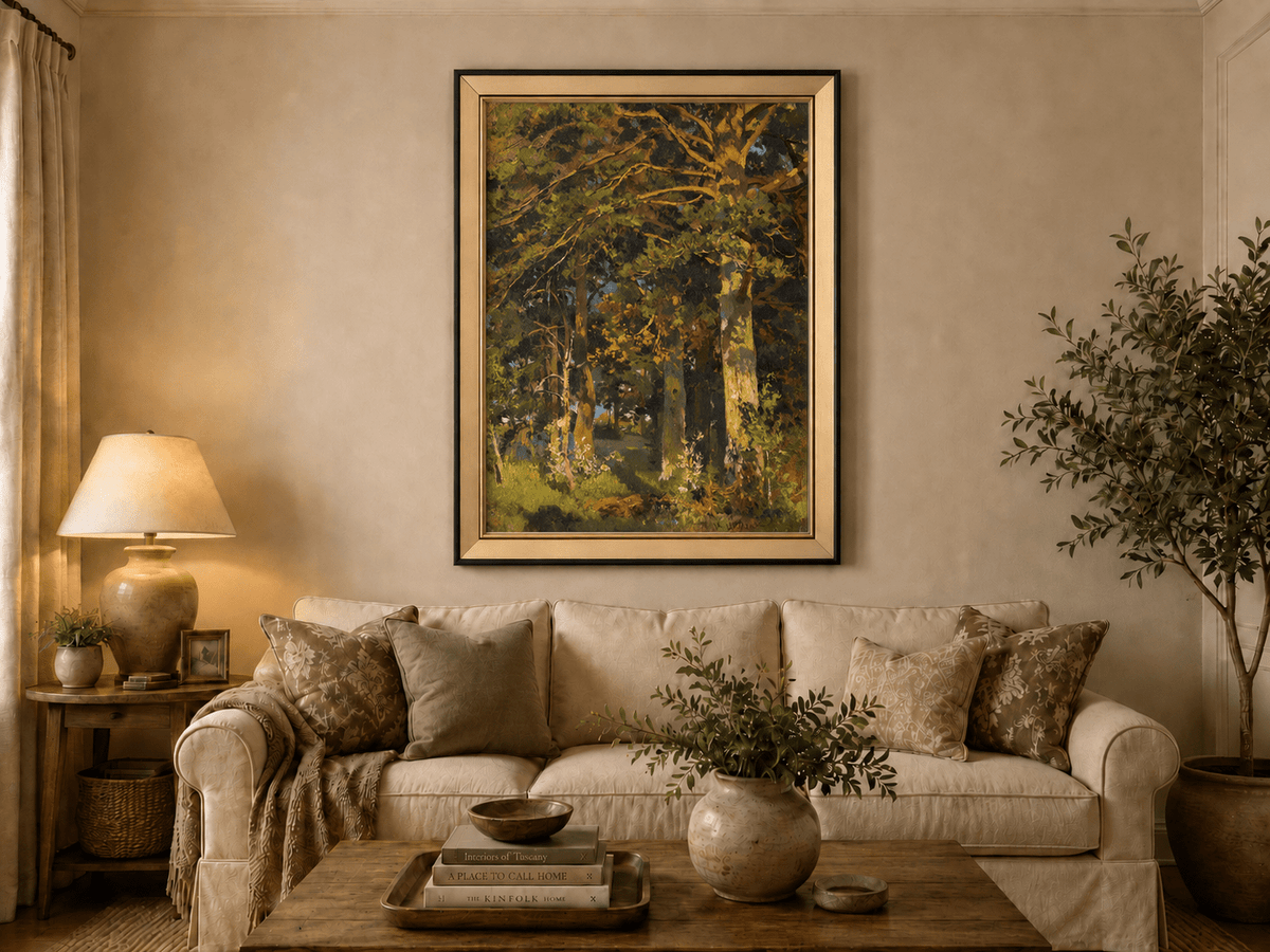 Framed hand-painted forest interior oil painting with sunlit autumn trees and foliage displayed above a neutral living room sofa.
