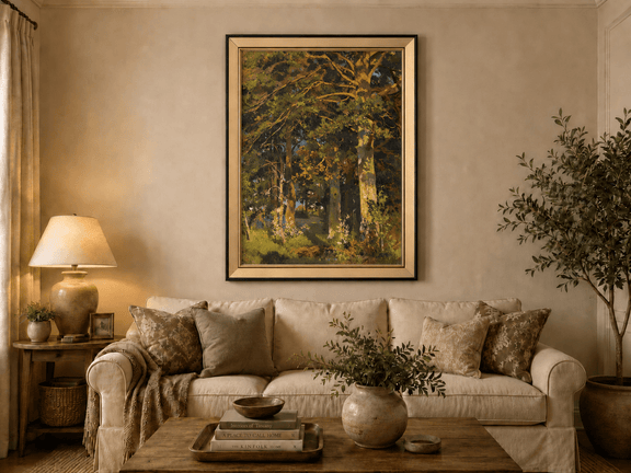 Framed hand-painted forest interior oil painting with sunlit autumn trees and foliage displayed above a neutral living room sofa.