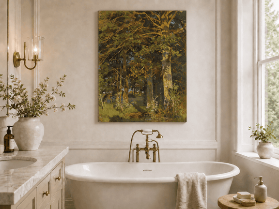 Unframed hand-painted forest interior oil painting with sunlit autumn trees and foliage displayed above a freestanding bathtub.