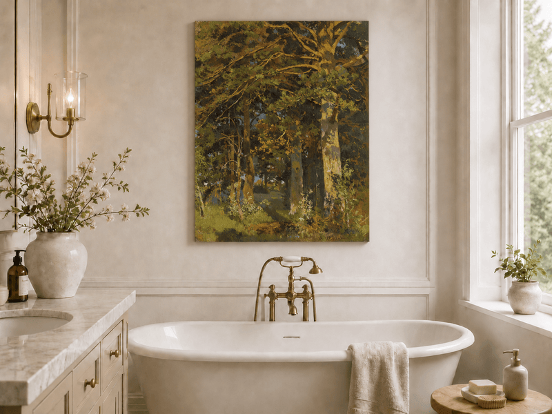 Unframed hand-painted forest interior oil painting with sunlit autumn trees and foliage displayed above a freestanding bathtub.