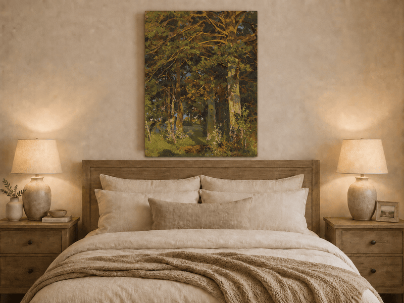 Unframed hand-painted forest interior oil painting with sunlit autumn trees and foliage displayed above a wooden bed in a neutral bedroom.