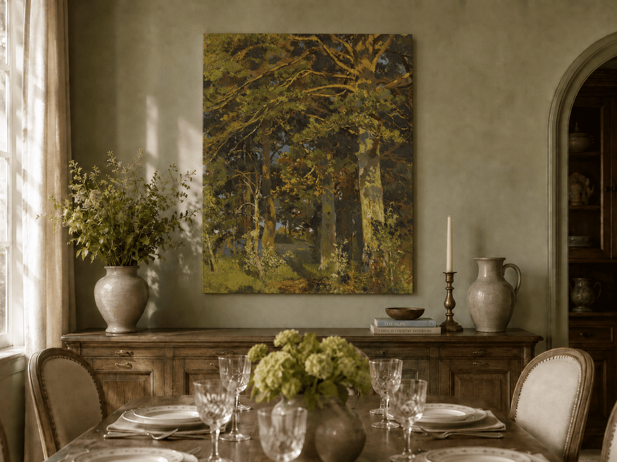 Unframed hand-painted forest interior oil painting with sunlit autumn trees and foliage displayed above a formal dining table.