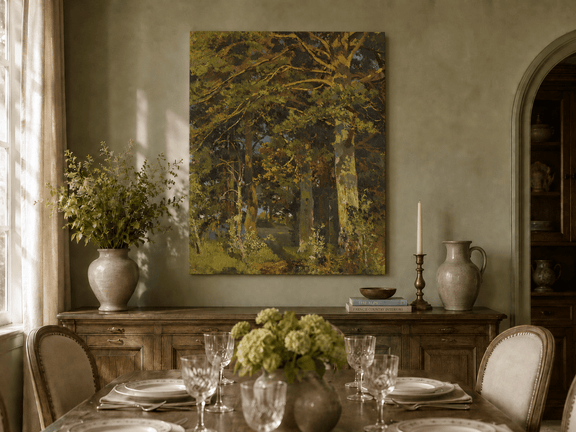 Unframed hand-painted forest interior oil painting with sunlit autumn trees and foliage displayed above a formal dining table.
