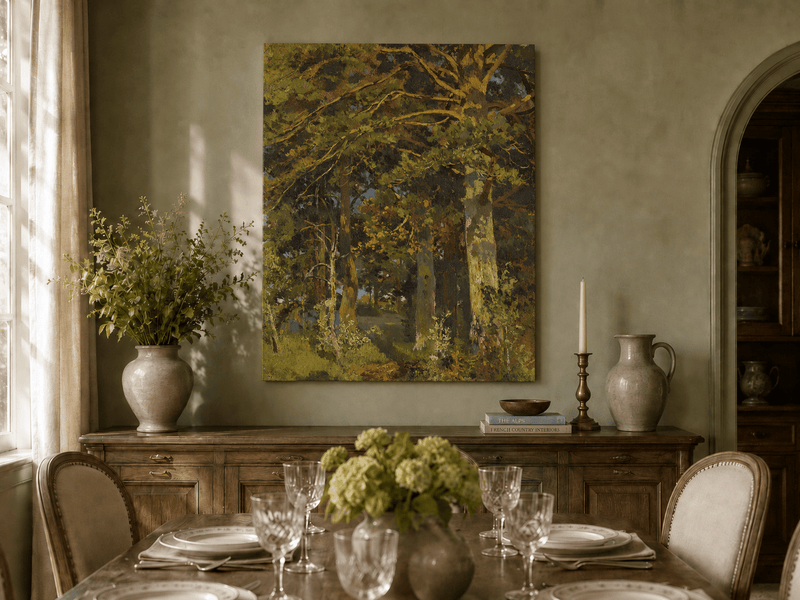 Unframed hand-painted forest interior oil painting with sunlit autumn trees and foliage displayed above a formal dining table.