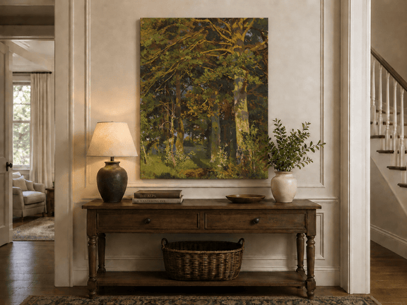 Unframed hand-painted forest interior oil painting with sunlit autumn trees and foliage displayed above an entryway console table.
