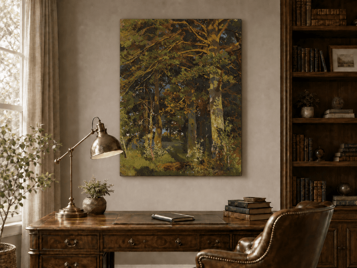 Unframed hand-painted forest interior oil painting with sunlit autumn trees and foliage displayed above a traditional home office desk.