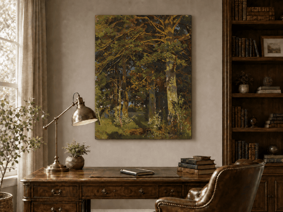 Unframed hand-painted forest interior oil painting with sunlit autumn trees and foliage displayed above a traditional home office desk.