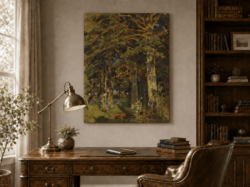 Unframed hand-painted forest interior oil painting with sunlit autumn trees and foliage displayed above a traditional home office desk.