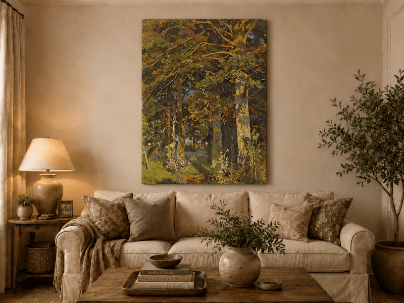 Unframed hand-painted forest interior oil painting with sunlit autumn trees and foliage displayed above a neutral living room sofa.