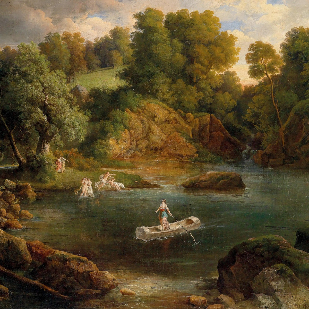 Forest Lake with Figures and Boat at Dusk – Landscape Oil Painting - Oil Painting Haven