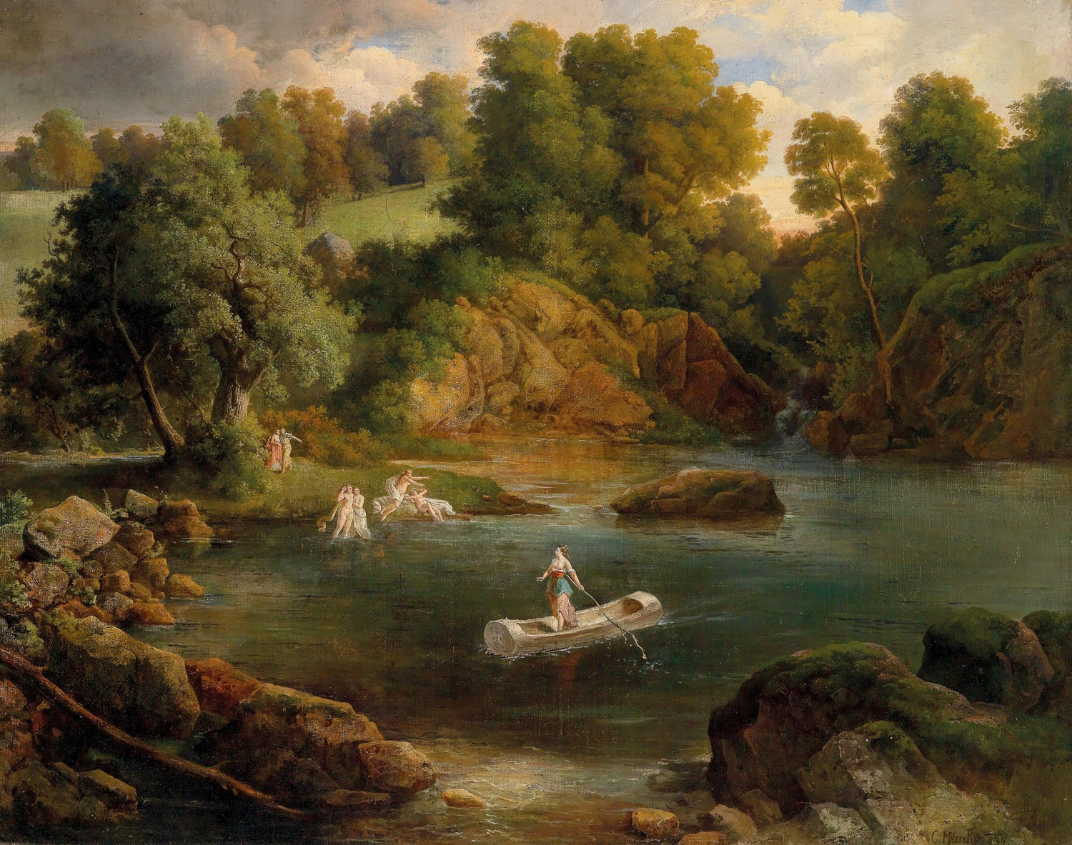 Forest Lake with Figures and Boat at Dusk – Landscape Oil Painting - Oil Painting Haven