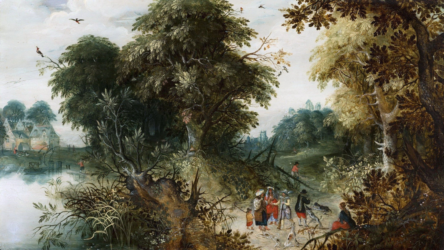 Hand painted oil on canvas landscape oil painting featuring a lush forest with textured brushwork, travelers on a winding. - Add Frame, Architecture, Canvas, Castle, Country, Forest, Hand Painted, Lake, Landscape, Made To Order, Oil Painting, Road