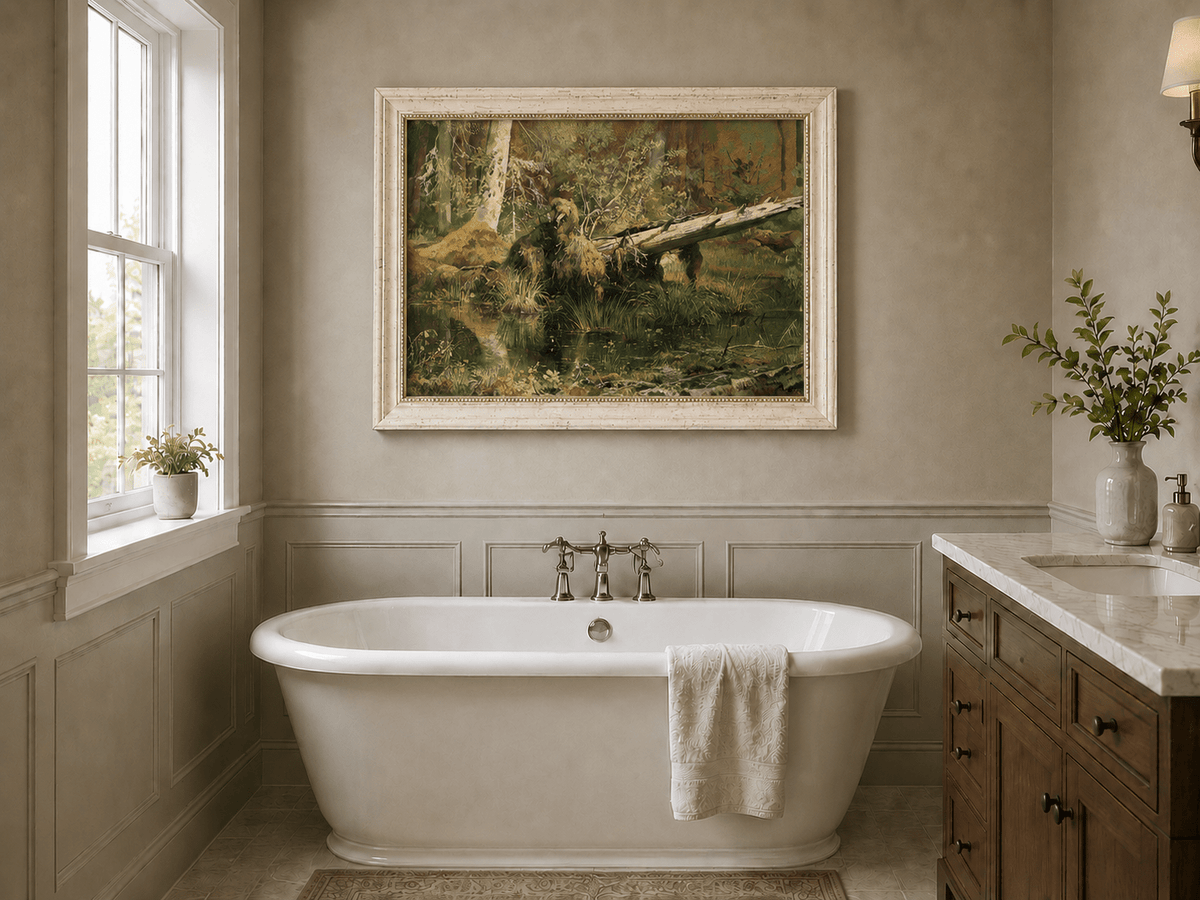 Framed hand-painted forest marsh oil painting with a bear beside fallen timber and reflective water displayed above a freestanding bathtub.