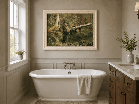Framed hand-painted forest marsh oil painting with a bear beside fallen timber and reflective water displayed above a freestanding bathtub.