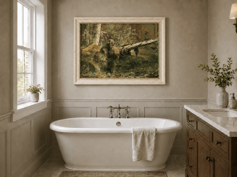 Framed hand-painted forest marsh oil painting with a bear beside fallen timber and reflective water displayed above a freestanding bathtub.