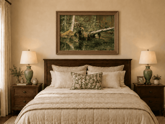 Framed hand-painted forest marsh oil painting with a bear beside fallen timber and reflective water displayed above a wooden bed in a neutral bedroom.