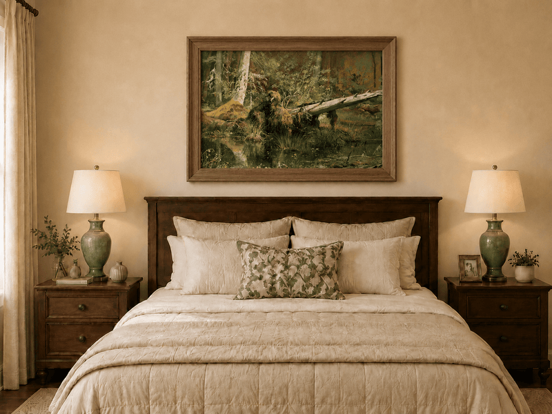 Framed hand-painted forest marsh oil painting with a bear beside fallen timber and reflective water displayed above a wooden bed in a neutral bedroom.