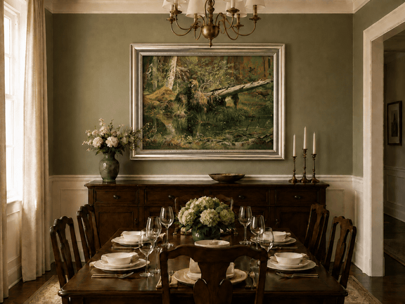 Framed hand-painted forest marsh oil painting with a bear beside fallen timber and reflective water displayed above a formal dining table.