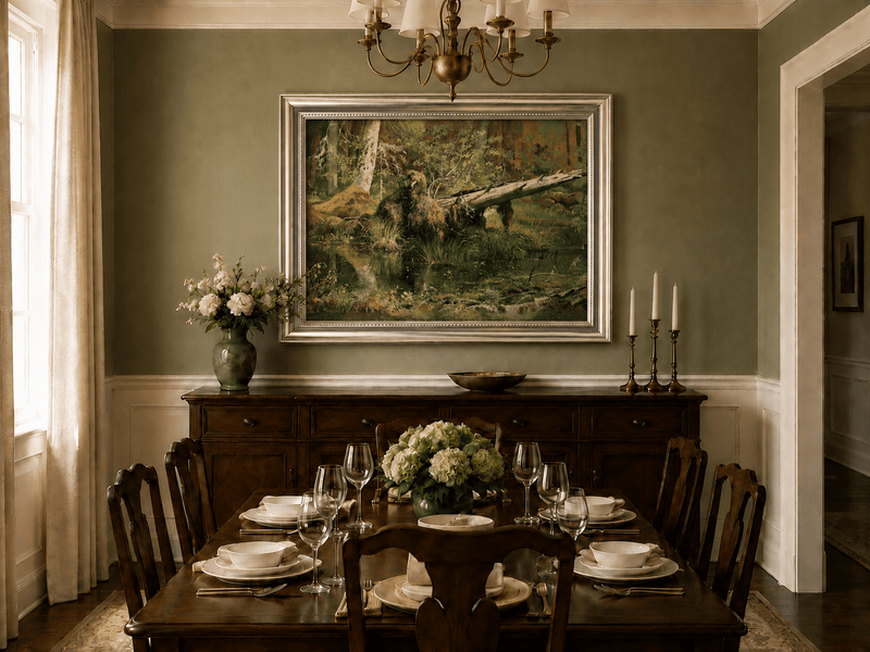 Framed hand-painted forest marsh oil painting with a bear beside fallen timber and reflective water displayed above a formal dining table.